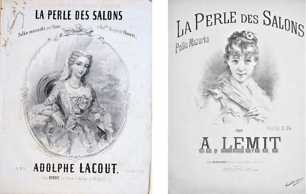（左）：アドルフ・ラクー《サロンの真珠―－ピアノのためのマズルカ》（1857年刊） （右）：A. ルミ《サロンの真珠―ピアノのためのポルカ＝マズルカ》（1863年刊）