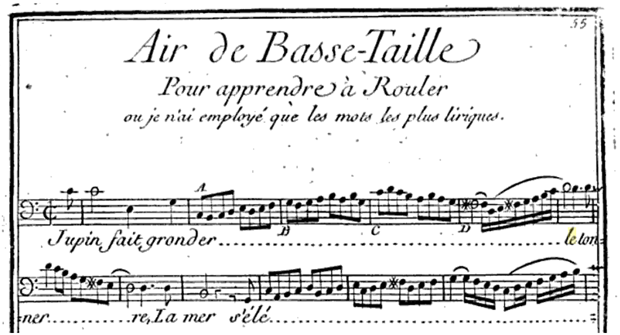 ミシェル・コレット『完全なる声楽教師――声楽と器楽を容易に取得するためのメソッド』（1758年刊）より、ルーラードの例